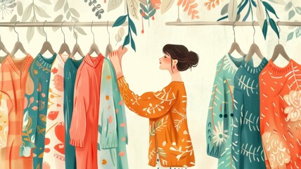 A cheerful and elegant woman selects sweaters from a rack, depicted in an illustration.