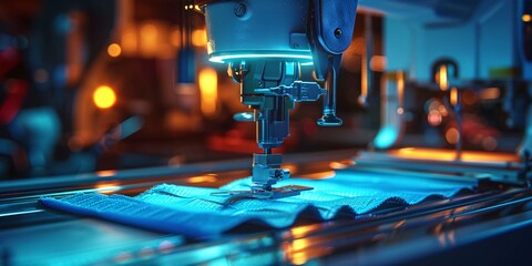Blue fabric being stitched by machine component. - obrazy, fototapety, plakaty