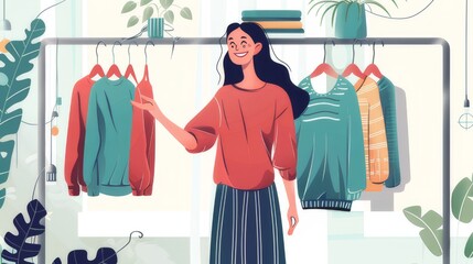 A cheerful and elegant woman selects sweaters from a rack, depicted in an illustration.