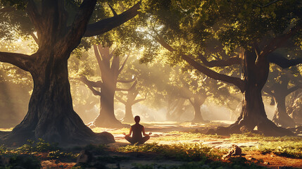 Person meditating in a serene, mystical forest with sunlight filtering through ancient trees onto a lush green carpet.
