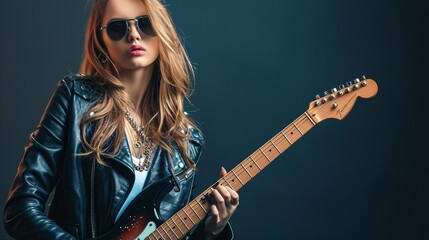 Beautiful, youthful rocker chick playing an electric guitar. - obrazy, fototapety, plakaty