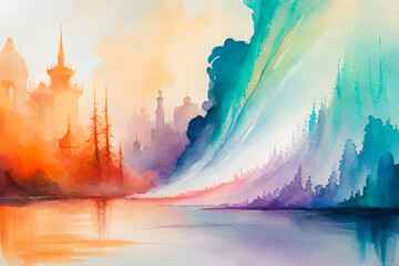 Abstract watercolor landscape with seascape and cool waves.