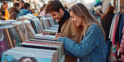 A youthful pair browsing vinyl records at a French flea market. - obrazy, fototapety, plakaty