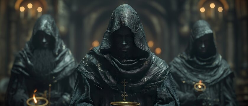 Holy Order Of Black-Hooded Monks. Illustration On The Theme Of Religion And Mysticism, Cinema And TV Series. Generative AI