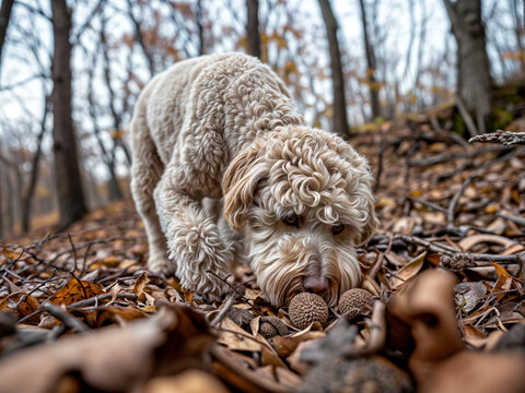 Dog in the woods / forest looking for truffles mushrooms