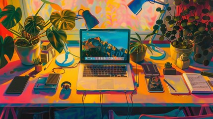 Artistic arrangement of a laptop surrounded by mobile devices and earphones on a vibrant desk.