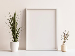 Modern white photo frame mockup on white wall and plants