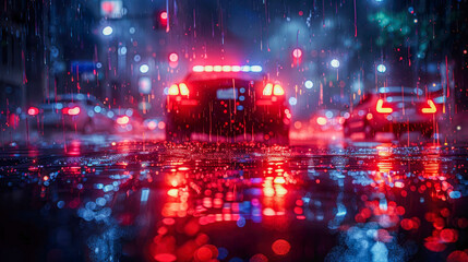 Police car in the rain at night. Police car chasing a car at night. 911 Emergency response police car speeding to scene of crime. Selective focus