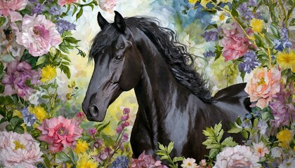 black friesian horse framed with cool toned flowers