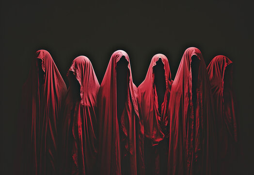 Group of people in red cloaks with hoods, in a mysterious setting. An creepy dramatic atmosphere. Generative AI
