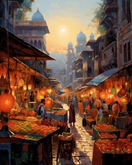 Foto op Plexiglas Digital painting of a street market in the old city of Delhi, India © Iman