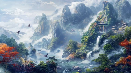 Fotobehang Behold the breathtaking beauty of mountain streams carving through landscapes, embracing quaint villages, with the added grace of colorful birds soaring in the expansive sky. © The Image Studio