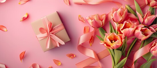 Obraz premium A collection of lush pink tulips arranged in a colorful bouquet sits next to a neatly wrapped present. The gift box is elegantly wrapped and placed against a soft pink background, creating a festive