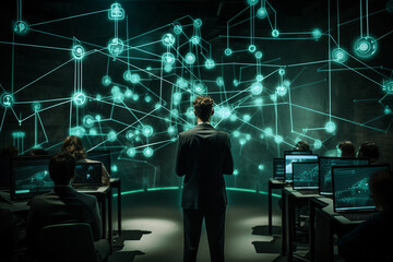 Technology, sci-fi, finance, telecommunication and business concept. Business man in futuristic computer or server dark room with many displays and monitors showing some data on screens