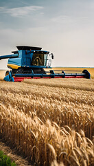Obraz premium Modern combine harvester in a golden wheat field during harvest season under a clear sky.