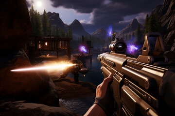 Closeup on console gameplay AAA shooter game highintensity firefight