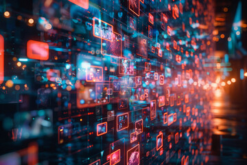 Intimate view of avatars and digital content flowing seamlessly in a vibrant virtual social media landscape