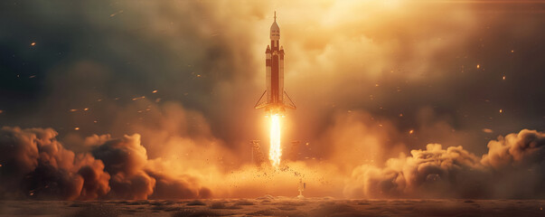 Medium shot of a space exploration rocket as it performs a vertical takeoff engine ablaze - obrazy, fototapety, plakaty