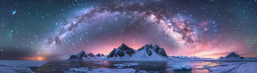 Panoramic shot capturing the vastness of the Milky Way and the Aurora over the Arctic ice
