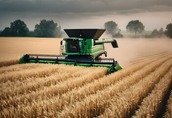 Combine harvester in action on a wheat field.