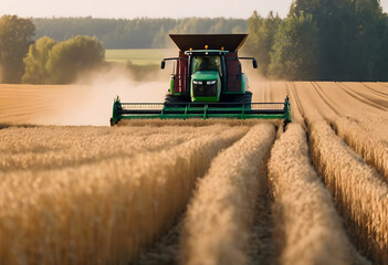 Obraz premium Combine harvester working in golden wheat field during harvest season with dust in the air.