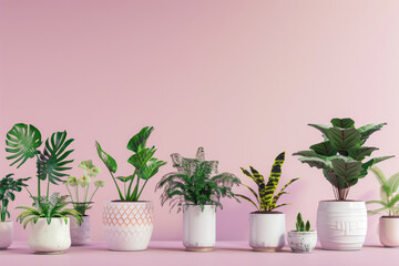 Assortment of beautiful potted plants in ceramic containers, on a serene pink background, Generative AI