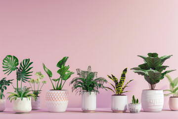 Fototapeta premium Assortment of beautiful potted plants in ceramic containers, on a serene pink background, Generative AI