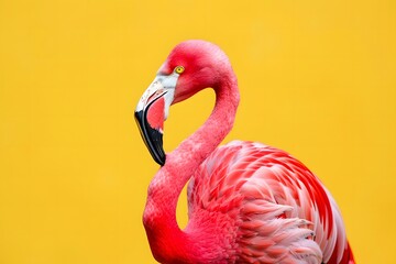 A pink flamingo stands against a yellow background - obrazy, fototapety, plakaty