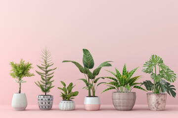 Assortment of lovely plants displayed in ceramic pots, against a tranquil pink background, Generative AI