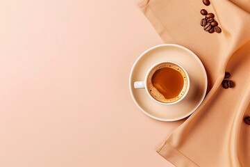 A neatly presented espresso in a white cup, accompanied by a few coffee beans on a pastel peach background with a hint of elegant fabric texture.