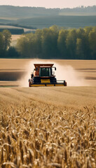 Fototapeta premium Combine harvester working in golden wheat field with dust trail under a clear sky.