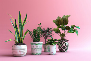 Collection of charming potted plants in decorative ceramic containers, on an inviting pink background, Generative AI
