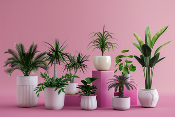 Selection of elegant plants potted in ceramic containers, on an enchanting pink background, Generative AI
