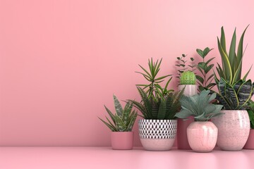Selection of exquisite plants arranged in ceramic pots, on a radiant pink background, Generative AI