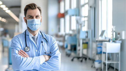 A male doctor with a stethoscope on his neck posing with folded arms in a hospital background. 