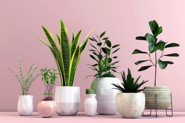 Selection of elegant plants potted in ceramic containers, on an enchanting pink background, Generative AI