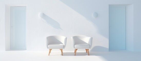 Two white chairs are placed side by side in a room against a white wall, creating a simple and clean visual aesthetic.