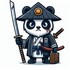 Obraz premium Cute Panda Samurai With Katana Sword Cartoon Icon Illustration. Animal Holiday Icon Concept Isolated Premium. Flat Cartoon Style