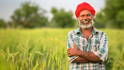 Portrait of a rural Indian farmer posing with folded arms in a wheat field background. Happy Old Indian Farmer  - obrazy, fototapety, plakaty
