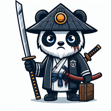 Cute Panda Samurai With Katana Sword Cartoon Icon Illustration. Animal Holiday Icon Concept Isolated Premium. Flat Cartoon Style