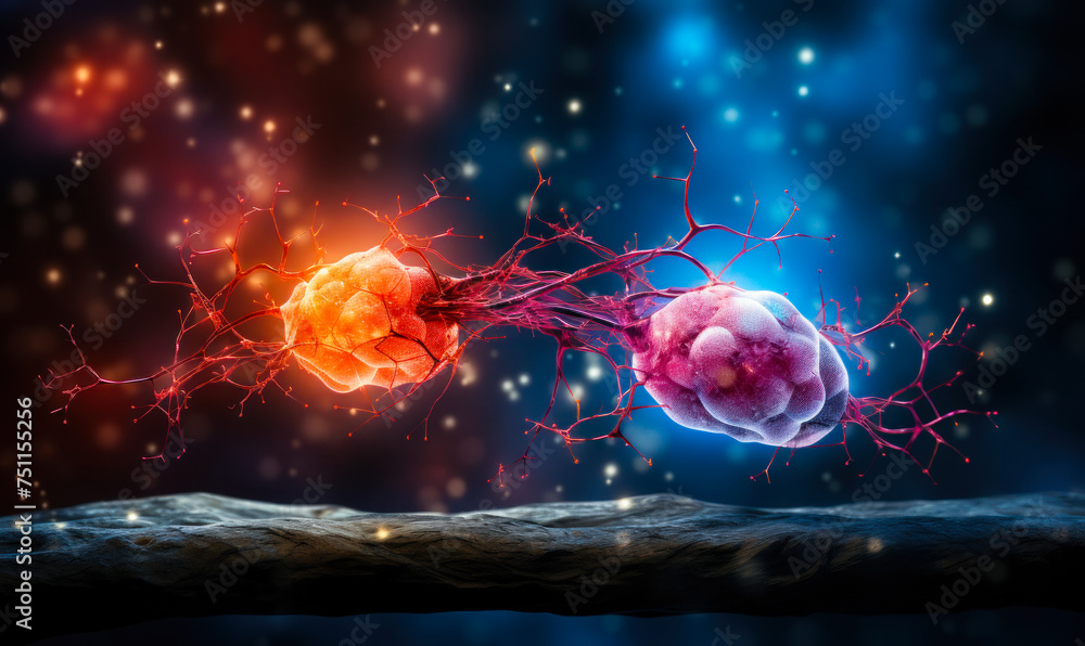 Poster digital illustration of two human brains in contrasting red and blue hues with network connections, 
