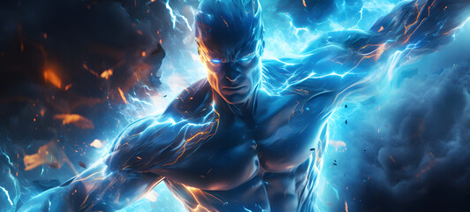 Obraz premium a flaming blue super strong man with super clothes full of light, ai generative