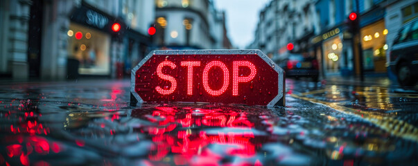 Wet stop sign with raindrops on a city street on a gloomy day, shallow depth of field, urban setting, road safety, traffic control, caution symbol, reflective light
