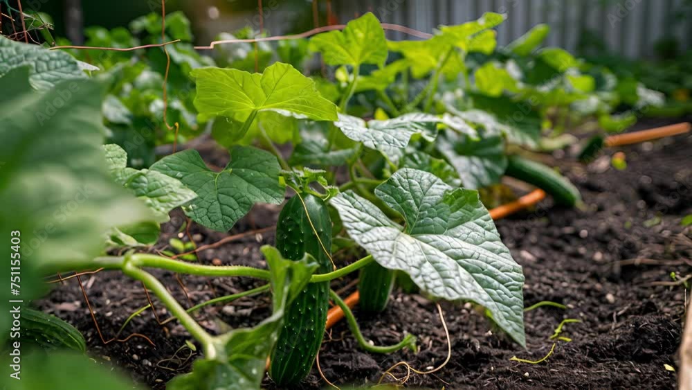 Poster growing a closeup of a cucumber plant its long climbing vines winding their way up a trellis. the le