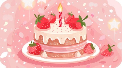 Celebratory Strawberry Delight: Birthday Cake Illustration
