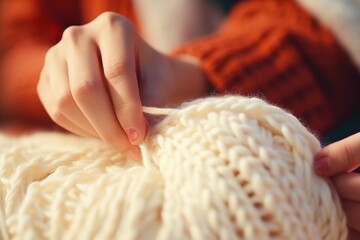 Female hands knitting sweater