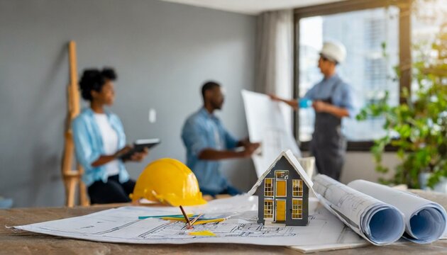 architect working together, architecture concept at work of a digital tablet pc with drawing on it, minimalist figures, selective focus, blueprint, in the background is an apartment undergoing designe