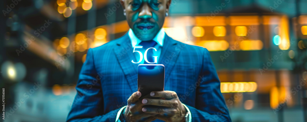 Poster businessman with smartphone accessing advanced 5g network technology for fast internet speed, symbol