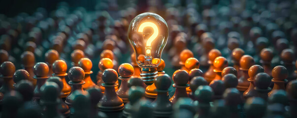 A lone illuminated light bulb with a question mark symbol shines among a crowd of pawns, evoking themes of innovation, questioning, and standout ideas in a collective