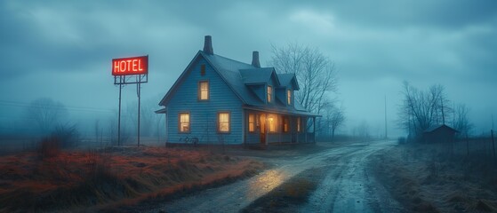 Lonely Hotel On The Edge Of The Road.  Illustration On The Theme Of Architecture And Territories, Travel And Tourism, Cinema And TV Series. Generative AI	
